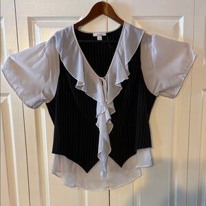 Dressbarn Black Pinstripe Blouse with White Ruffles